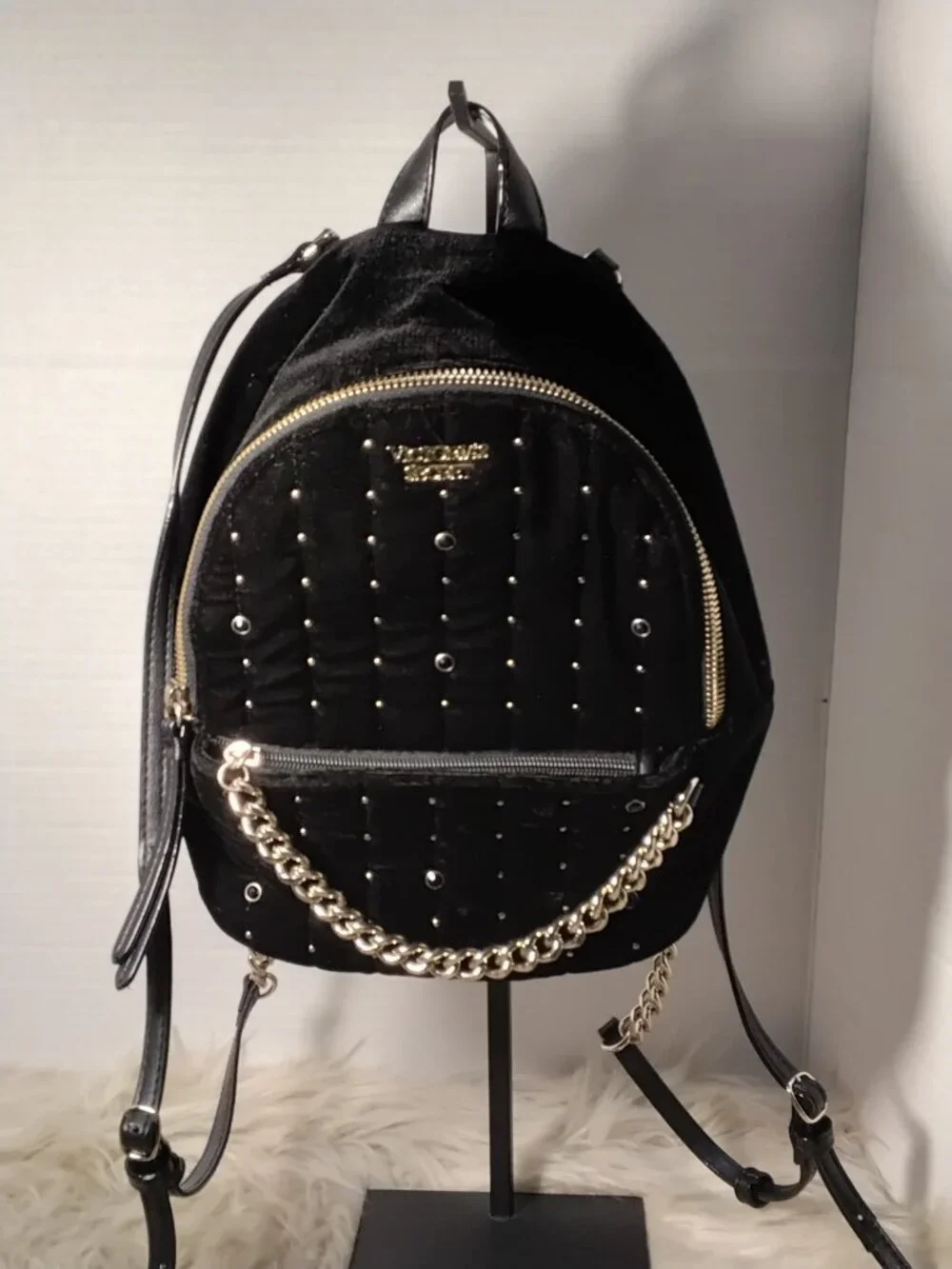 Victoria's Secret Black Velvet Mini Back Pack Gold Accents Adjustable Straps